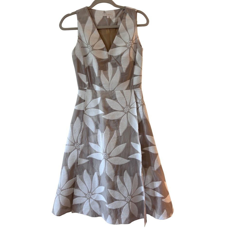 Ann Mashburn Tan White Floral Jacquard V-Neck Fit Flare Dress Womenns Size 2 USA